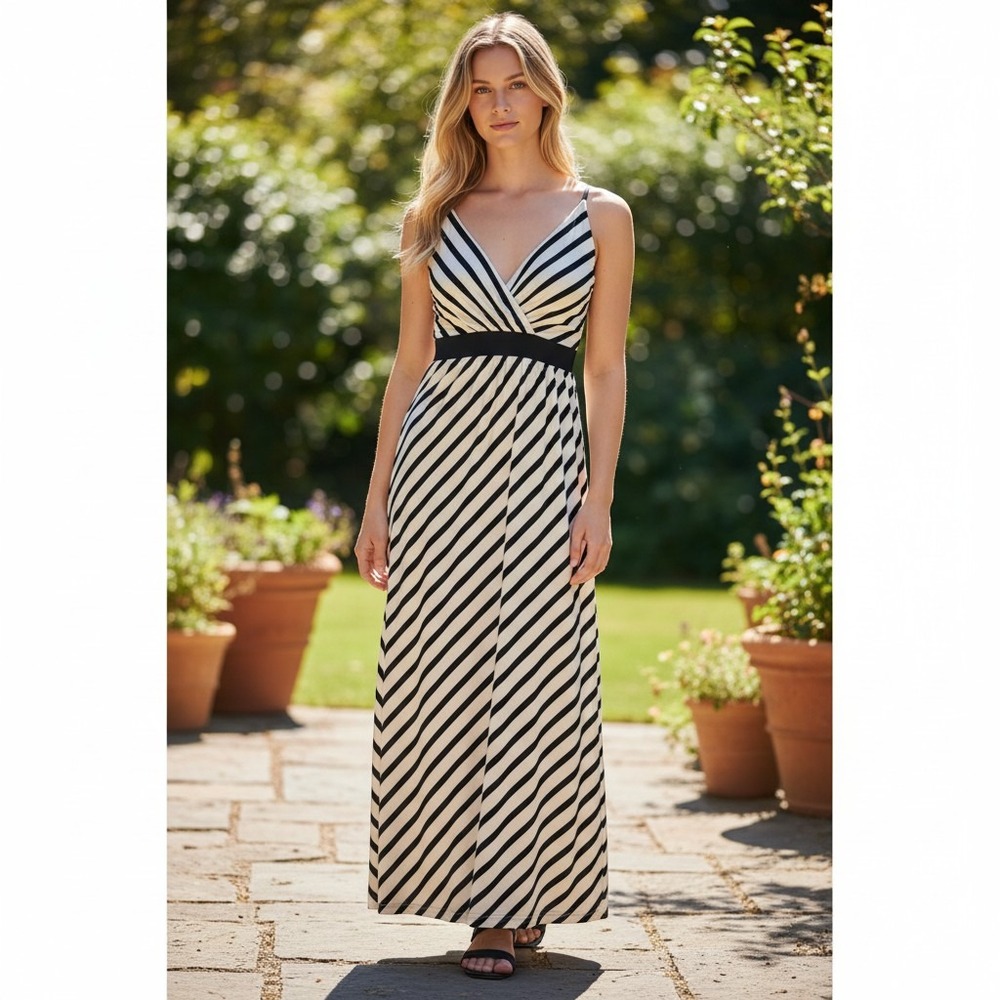 Soma Striped Maxi Dress Black Cream V-Neck Empire Waist Sleeveless XS
